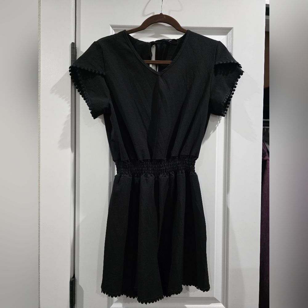 Cute Sassy Black Romper With Sweet Detail On The Arm And Bottom Tie Back WszS